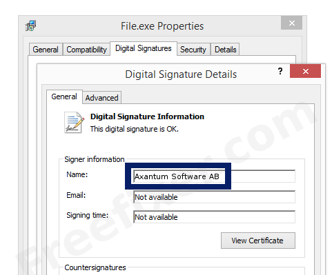 Screenshot of the Axantum Software AB certificate